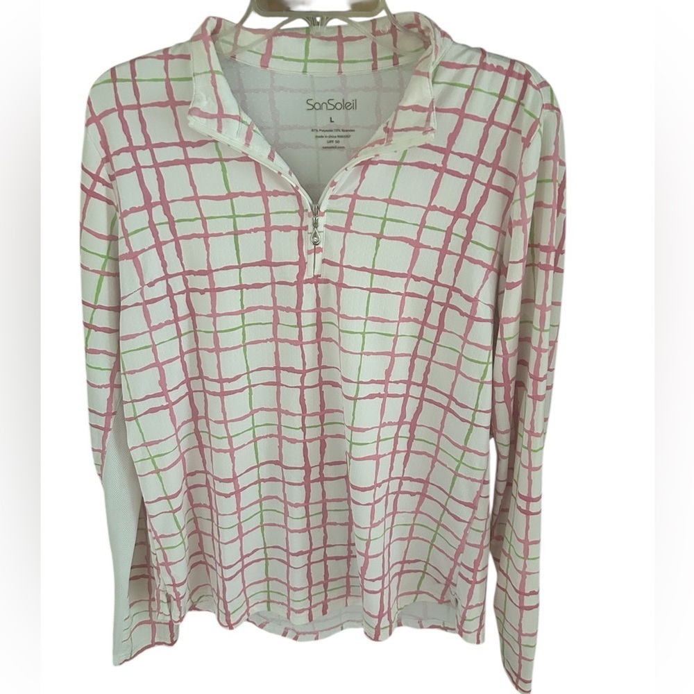 SanSoleil Pink & Green SoCool Plaid Long Sleeve  1/4 Zip Tennis Golf Top L
